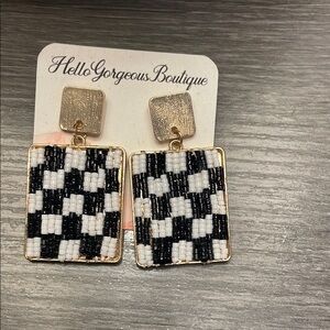 New Boutique Black & White Checked with Gold Trim Bead Earrings